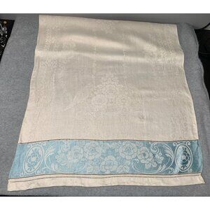 Vintage Cream Blue Jacquard Table Runner Floral & Bird Motif 23" x 40" Elegant H